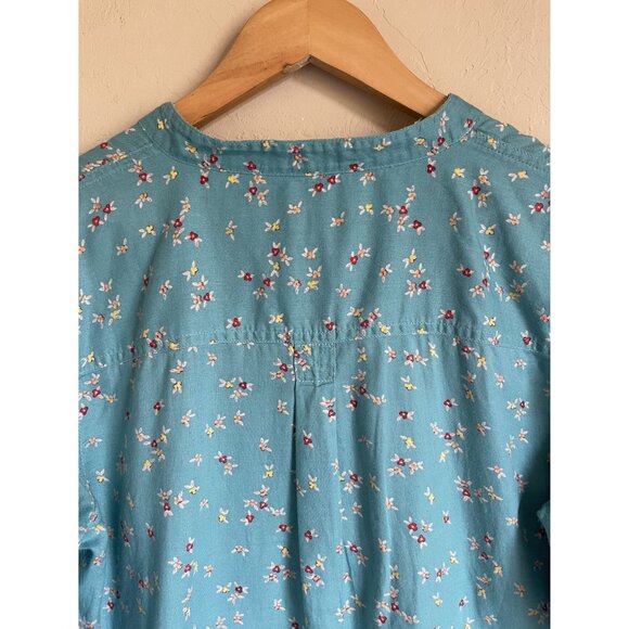 Talbots Size Medium Turquoise Teal Blue Ditsy Floral Popover Top 100% Cotton - Picture 6 of 6
